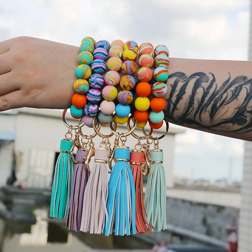 Candy-colored Silicone Beaded Tassel Wristlet Keychain Bracelets