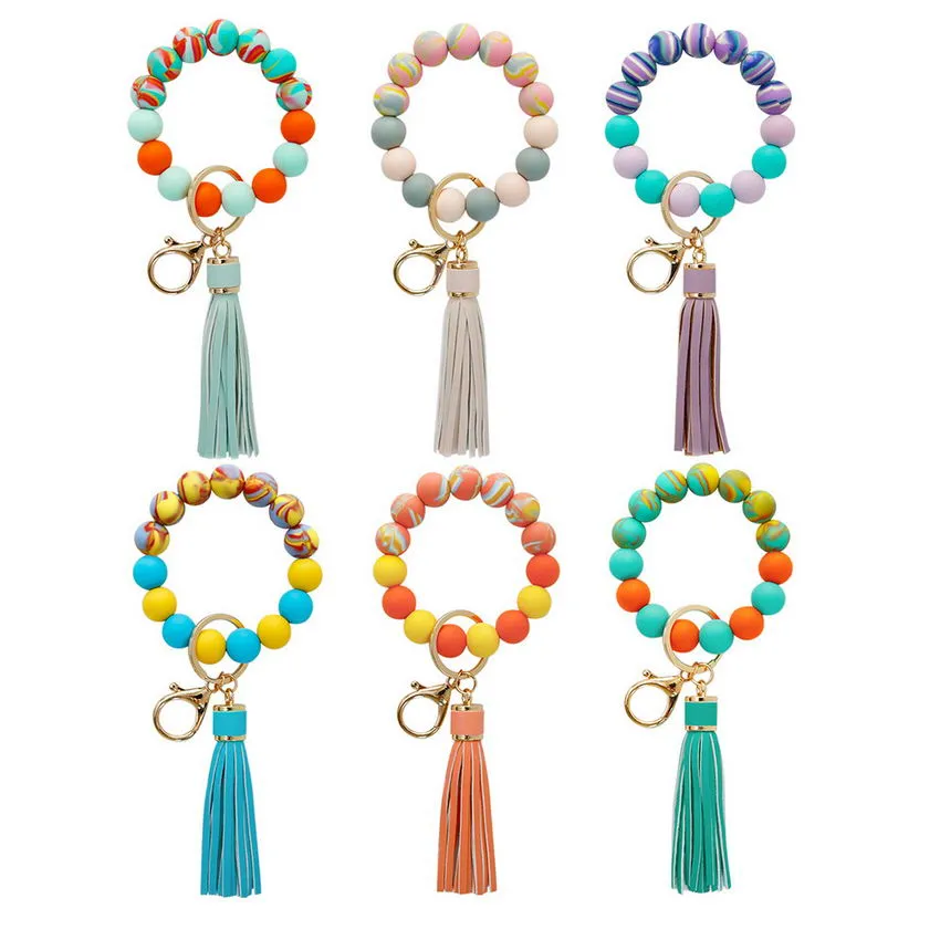 Candy-colored Silicone Beaded Tassel Wristlet Keychain Bracelets