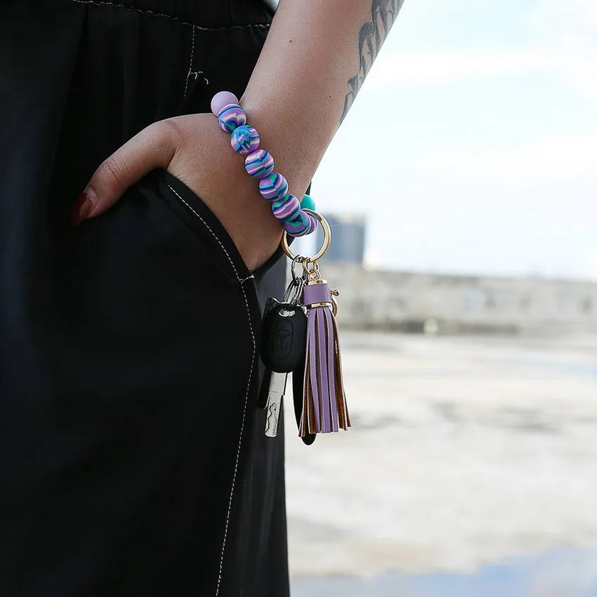 Candy-colored Silicone Beaded Tassel Wristlet Keychain Bracelets