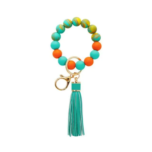 Candy-colored Silicone Beaded Tassel Wristlet Keychain Bracelets