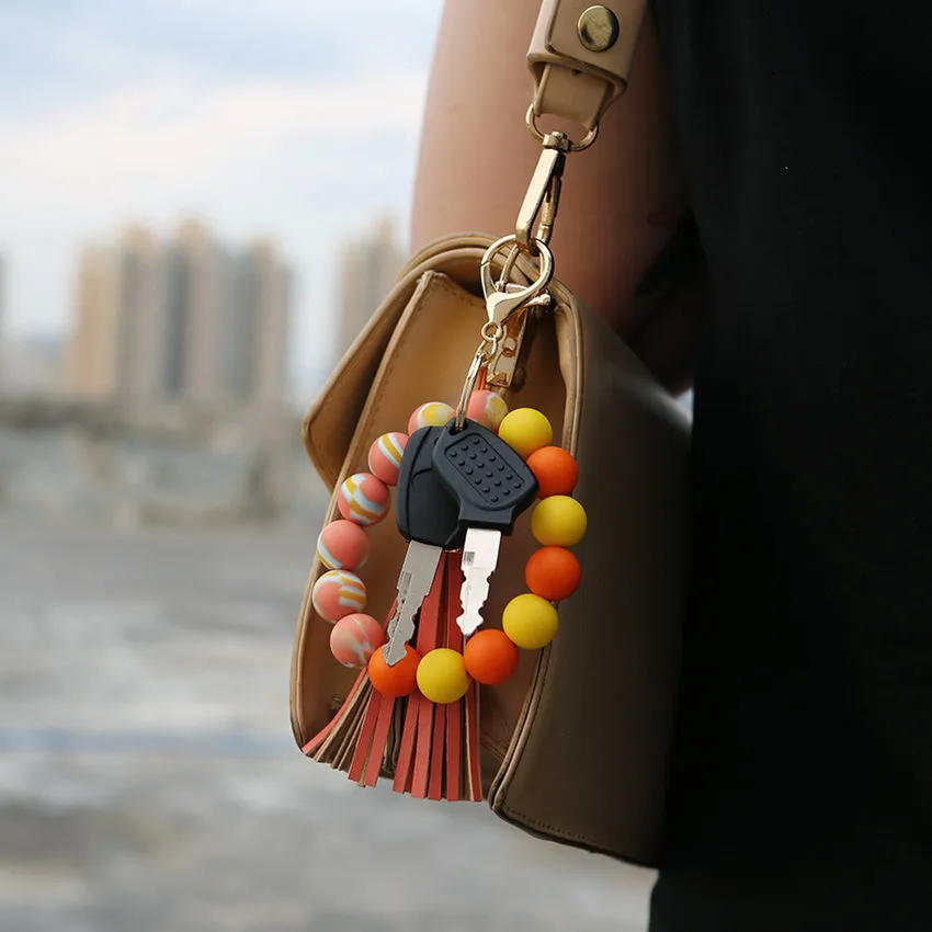 Candy-colored Silicone Beaded Tassel Wristlet Keychain Bracelets