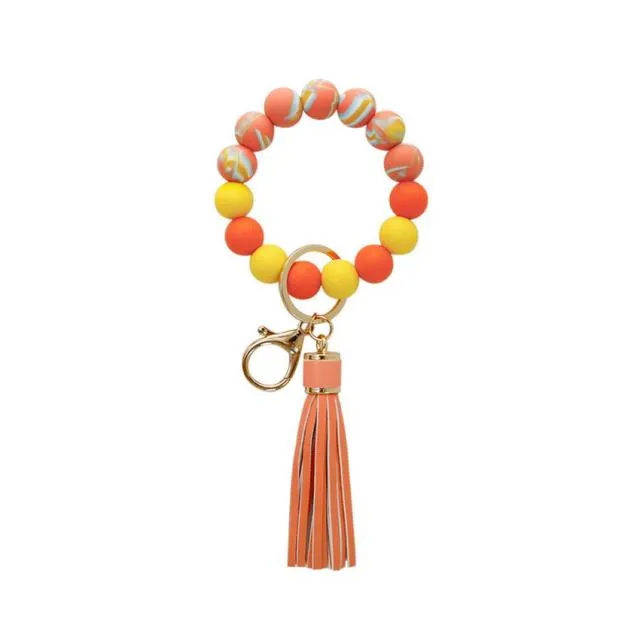 Candy-colored Silicone Beaded Tassel Wristlet Keychain Bracelets