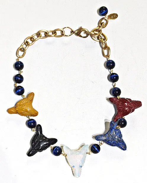 Carved Fox Face necklaces Navy Fiber Optic Hand linked Gold Adjustable 20 inch Sugar Gay Isbe