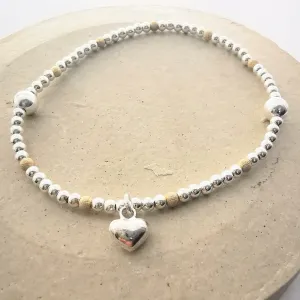 CASEY Sterling Silver Bead and Heart Stretch Bracelet