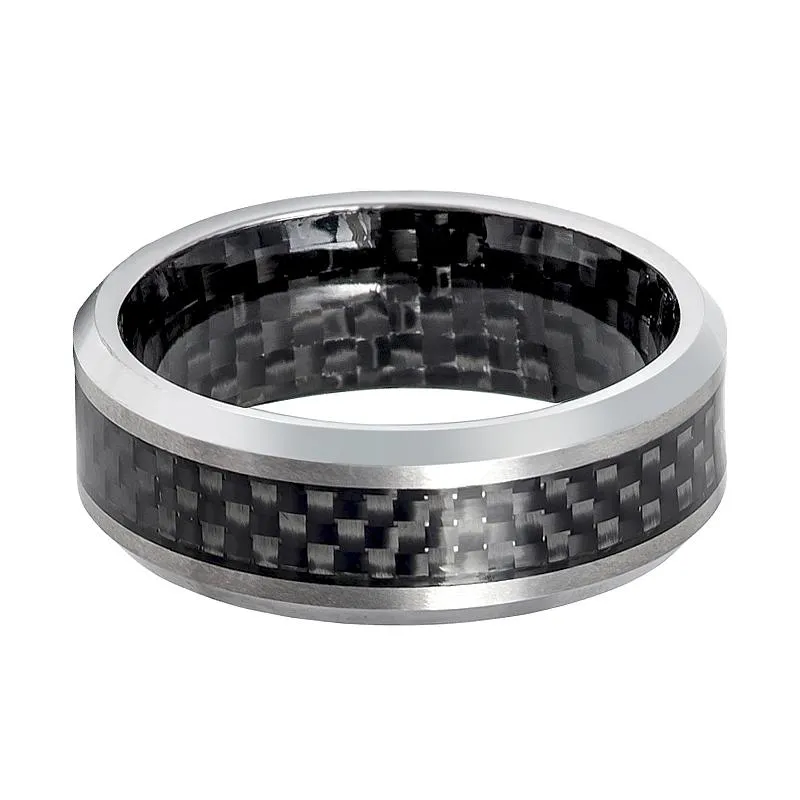 CASSIUS | Silver Tungsten Ring, Carbon Fiber Inlay, Beveled