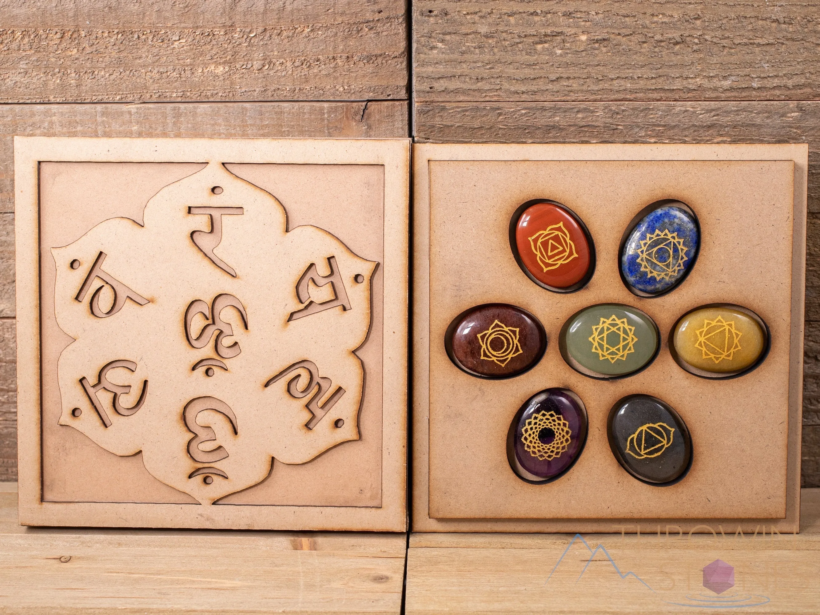 CHAKRA Crystals in Crystal Grid Board Wooden Box - Om Namaste Sanskrit -  Healing Crystals Set, Self Care Box, Beginner Crystal Kit, E1755