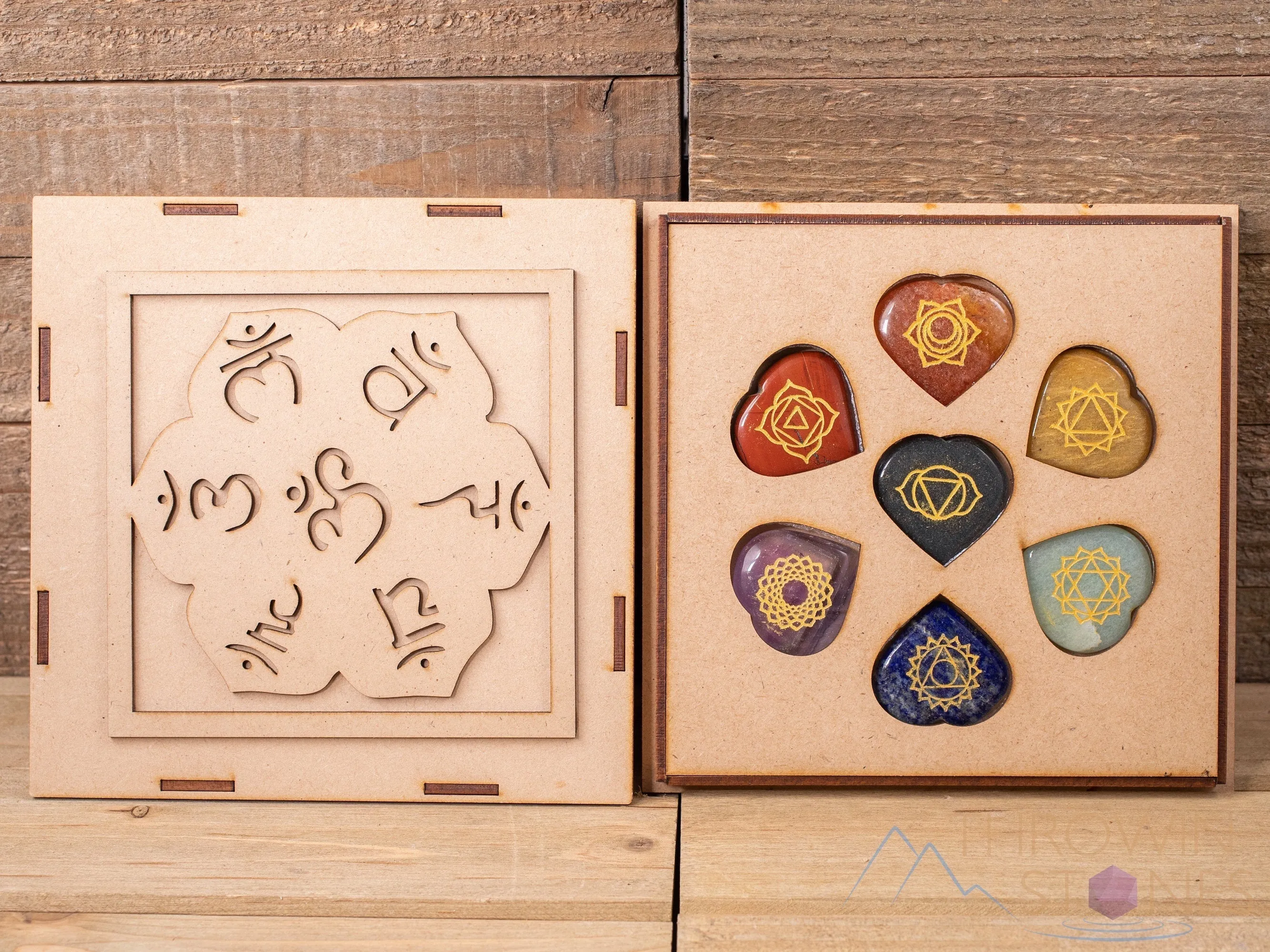 CHAKRA Crystals in Crystal Grid Board Wooden Box - Om Namaste Sanskrit -  Healing Crystals Set, Self Care Box, Beginner Crystal Kit, E1755