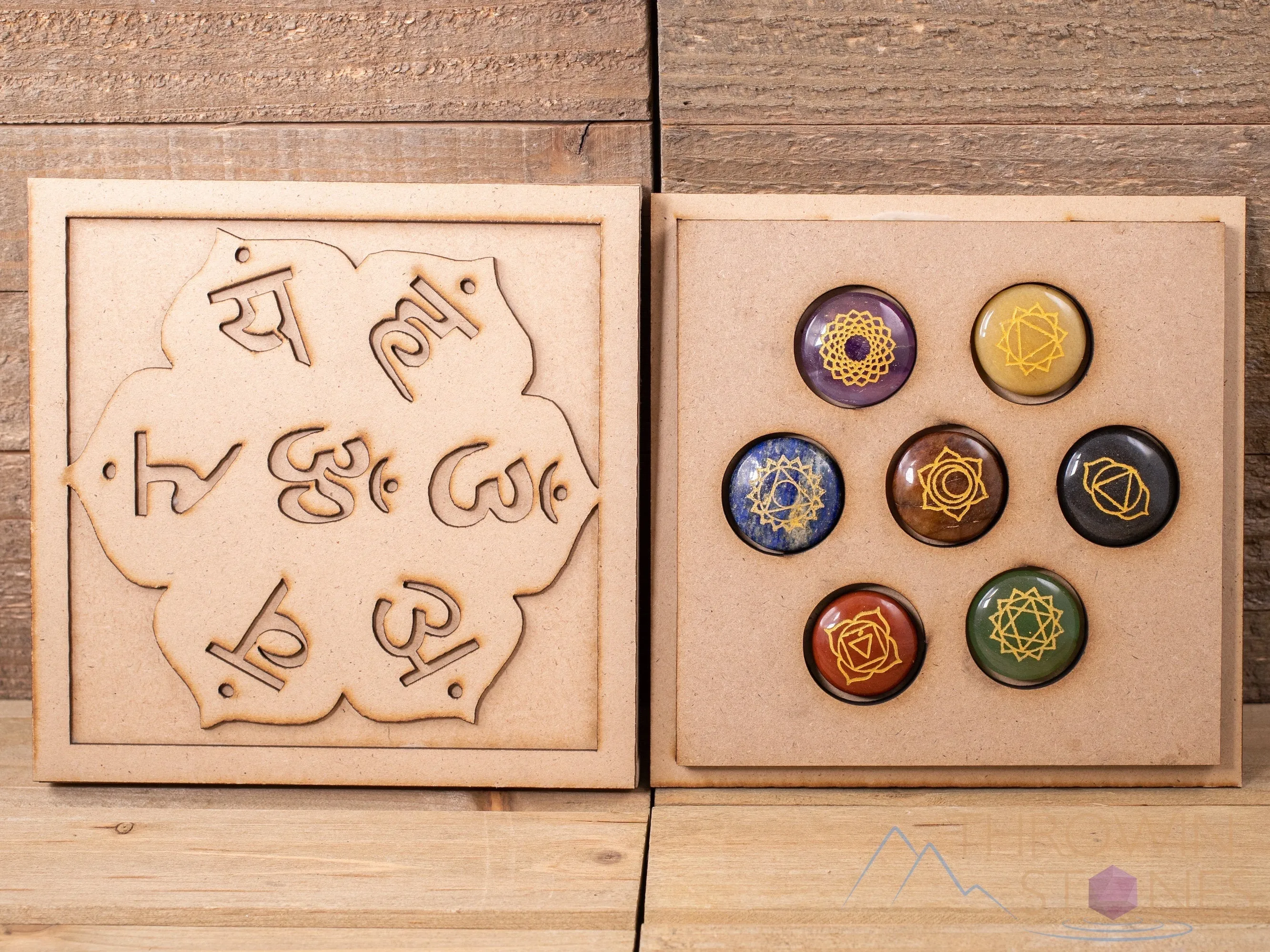 CHAKRA Crystals in Crystal Grid Board Wooden Box - Om Namaste Sanskrit -  Healing Crystals Set, Self Care Box, Beginner Crystal Kit, E1755