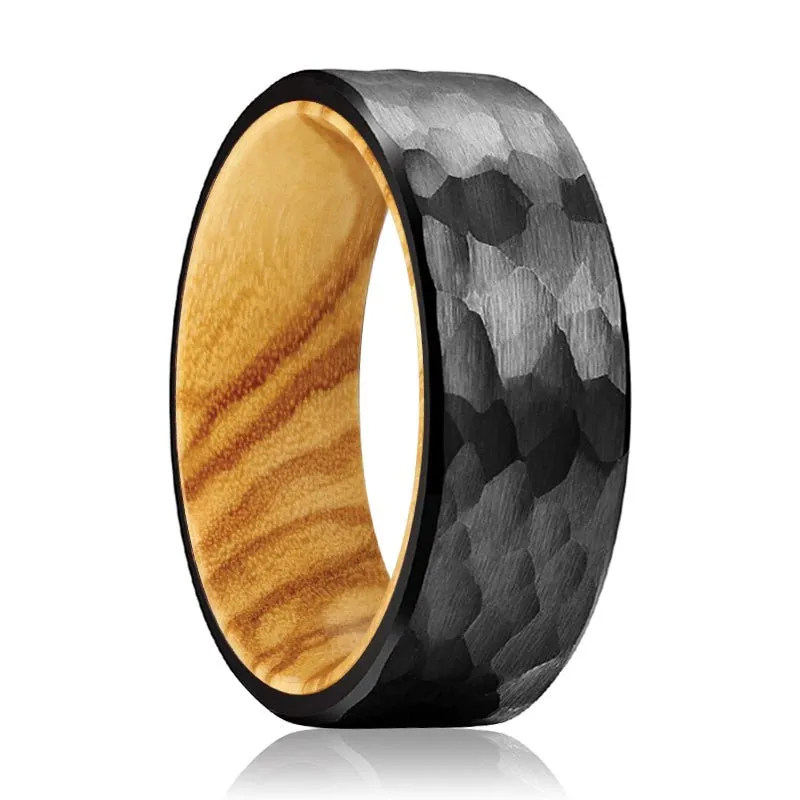 CLEVER | Olive Wood, Black Tungsten Ring, Hammered, Flat