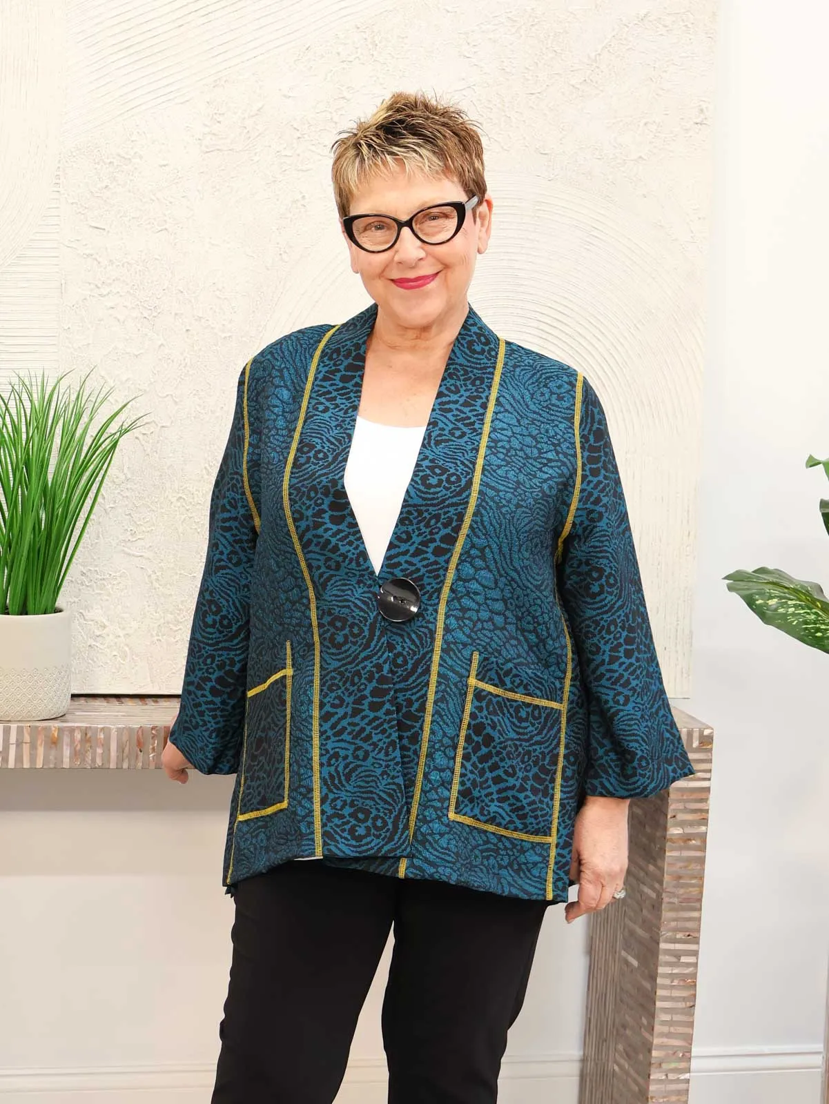 Contrast Stitch Button Jacket, Turquoise/Black