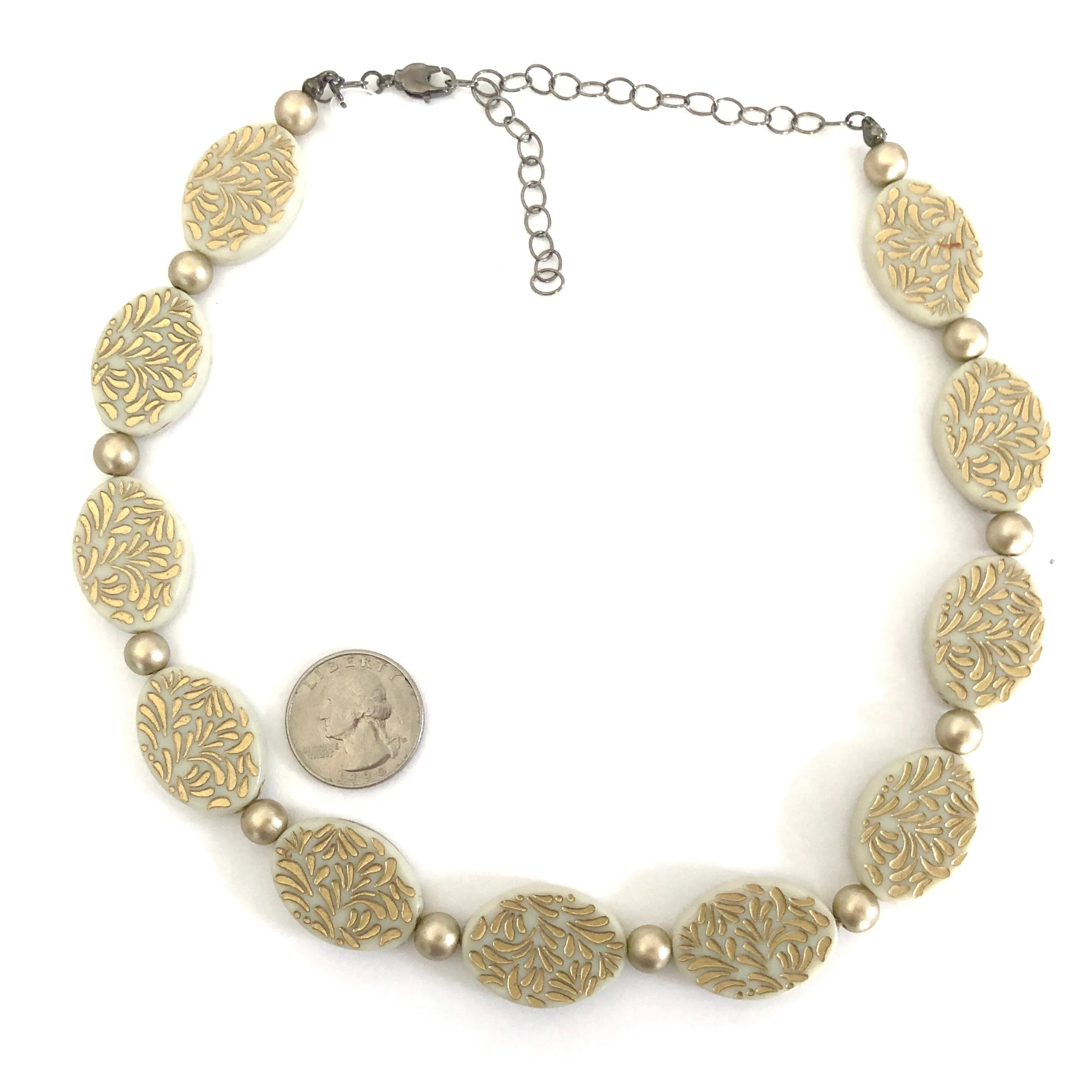 Cream & Gold Oval Beaded Marco Necklace