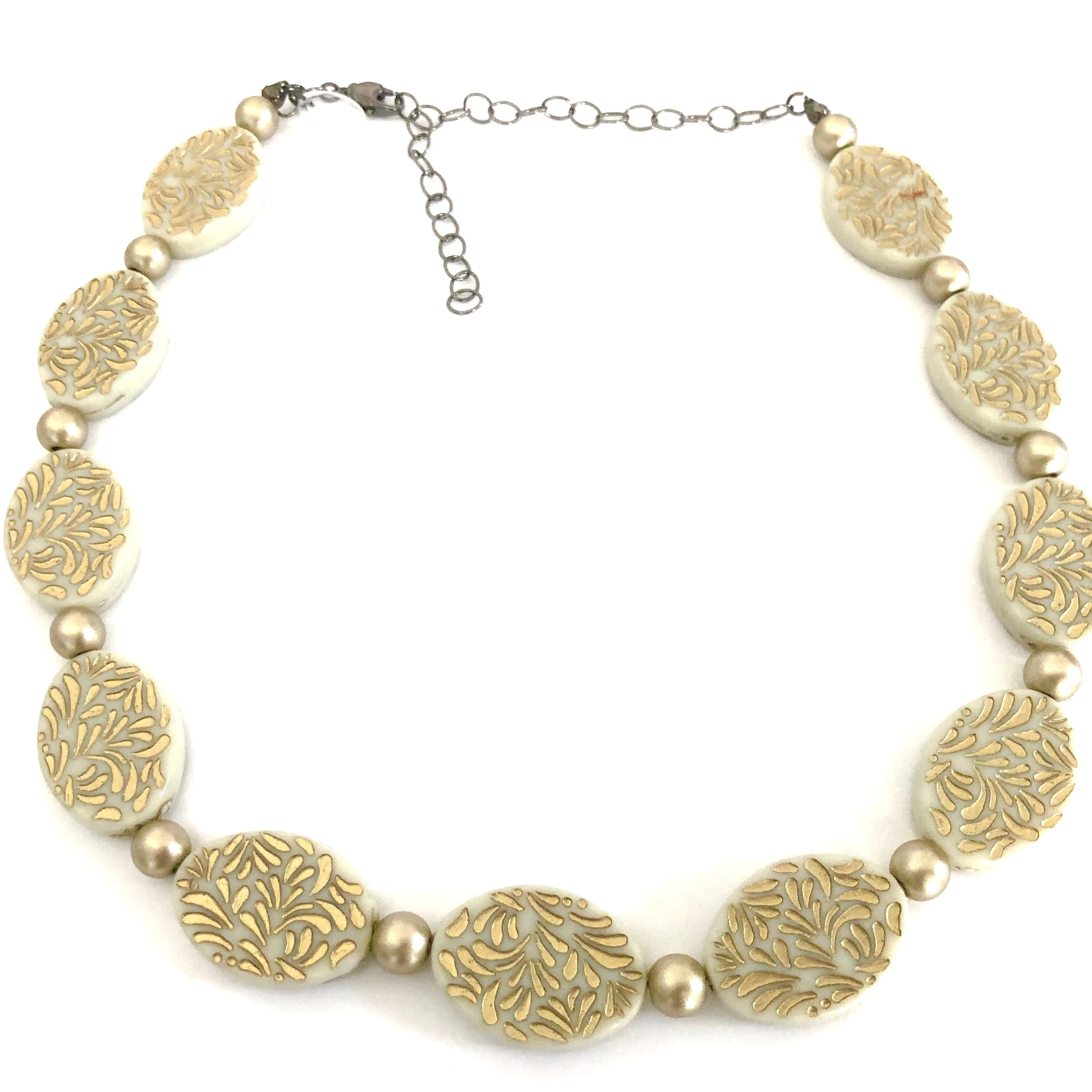 Cream & Gold Oval Beaded Marco Necklace