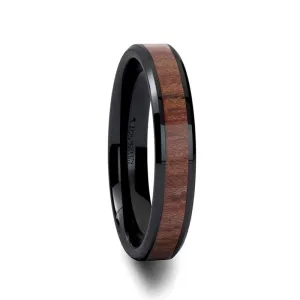 DENALI | Black Ceramic Ring, Rose Wood Inlay, Beveled, 4mm, 6mm, 7mm, 8mm