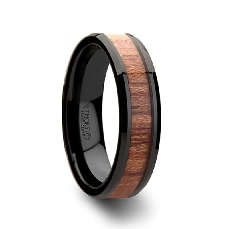 DENALI | Black Ceramic Ring, Rose Wood Inlay, Beveled, 4mm, 6mm, 7mm, 8mm