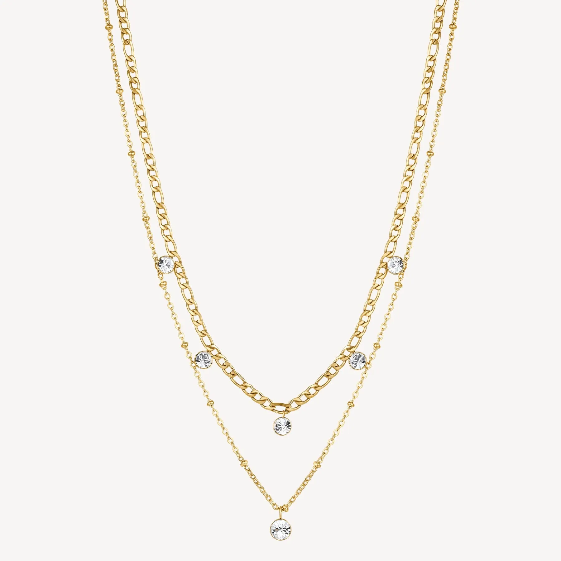 Double Layer Chain Crystal Necklace in Gold Plated Stainless Steel