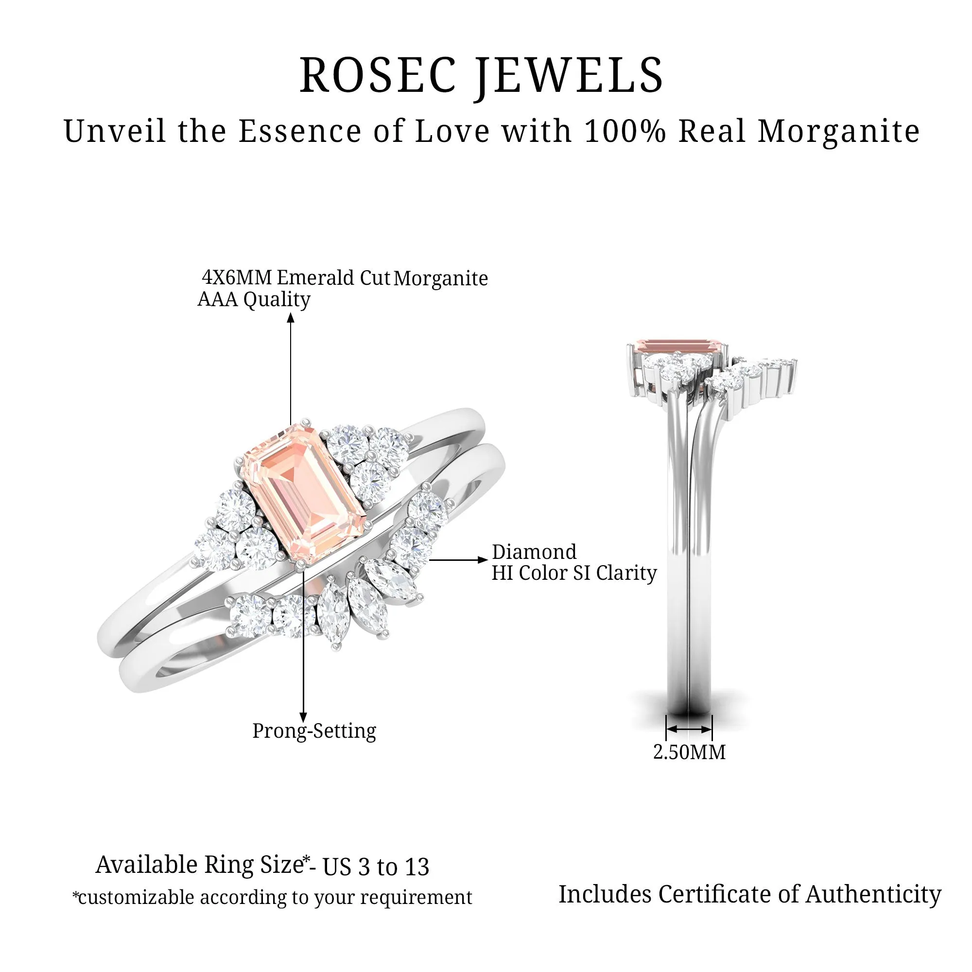 Emerald Cut Morganite Solitaire Stackable Ring Set with Diamond