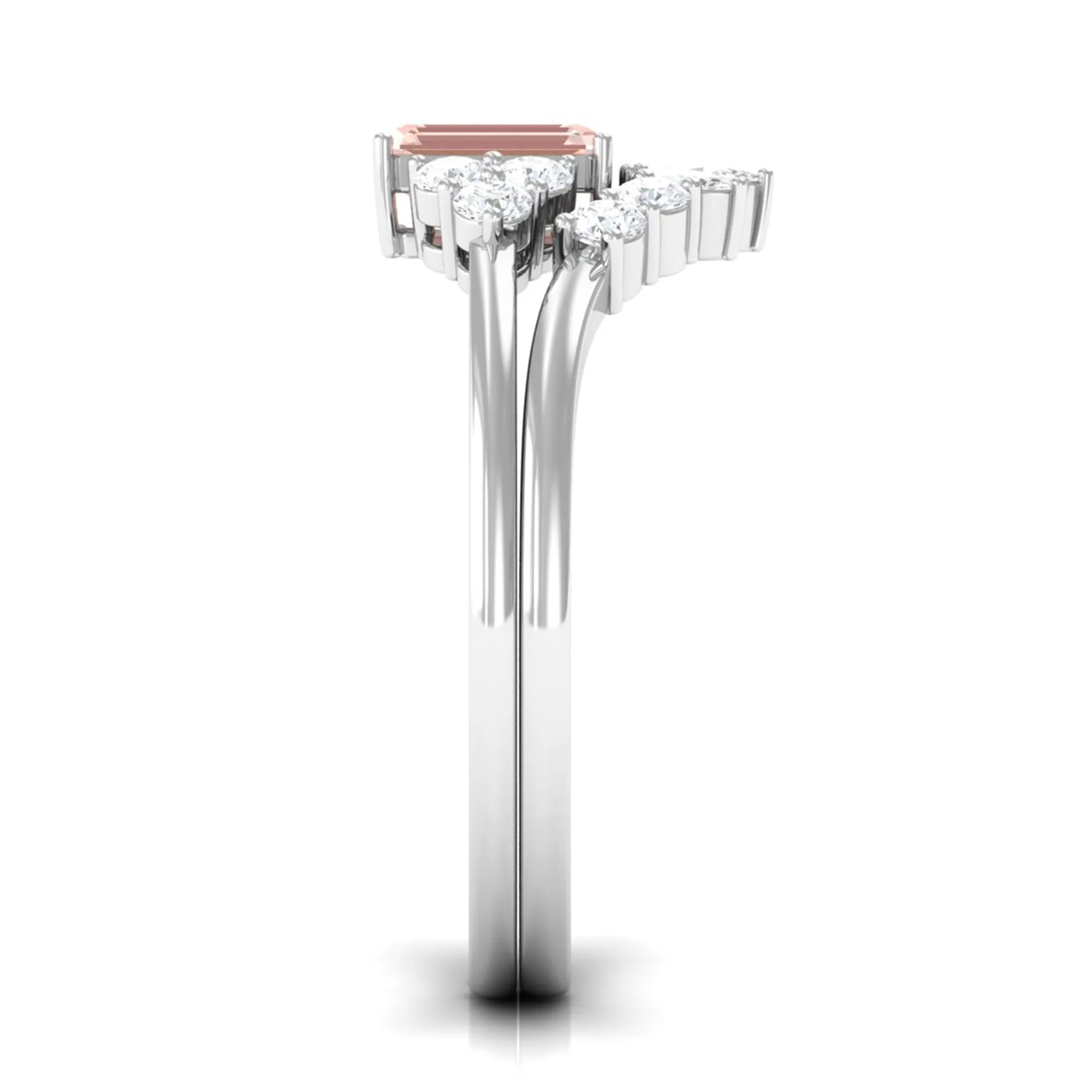 Emerald Cut Morganite Solitaire Stackable Ring Set with Diamond