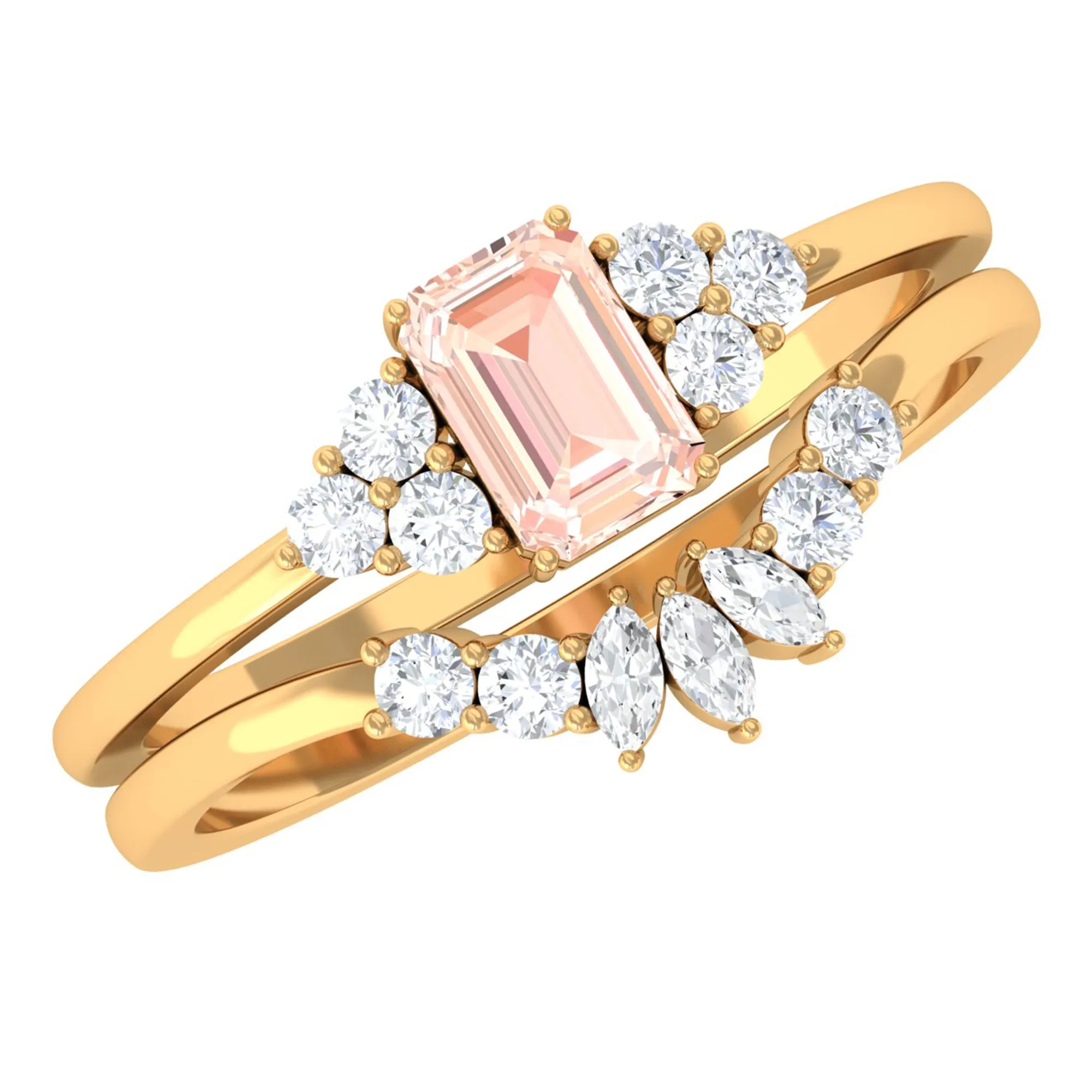 Emerald Cut Morganite Solitaire Stackable Ring Set with Diamond