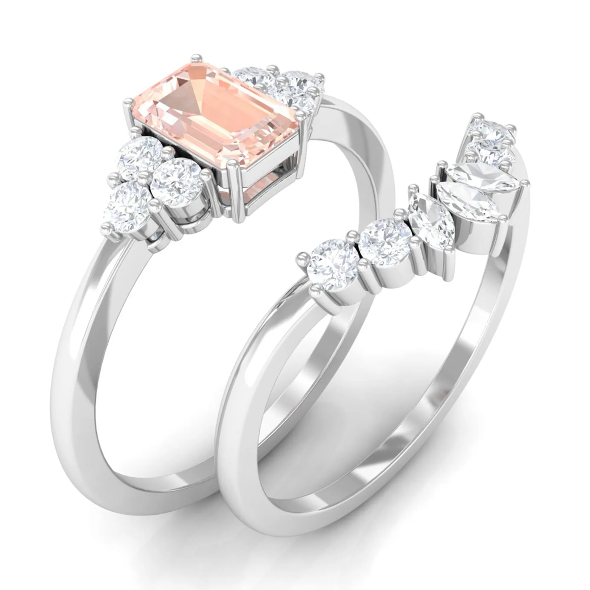 Emerald Cut Morganite Solitaire Stackable Ring Set with Diamond