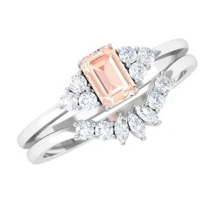 Emerald Cut Morganite Solitaire Stackable Ring Set with Diamond