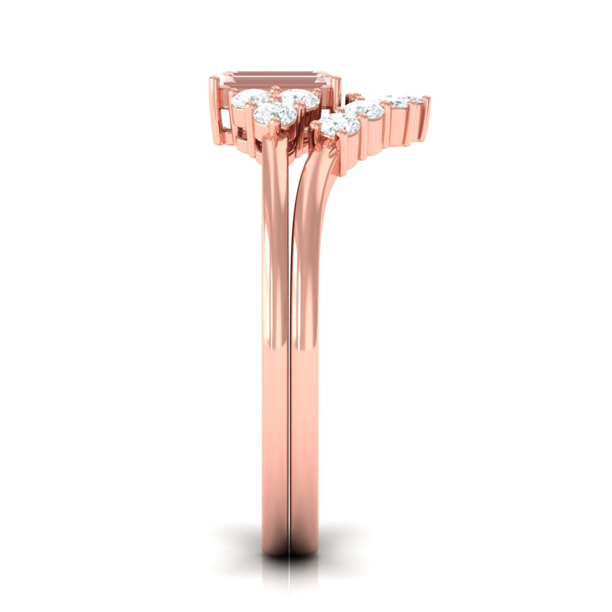 Emerald Cut Morganite Solitaire Stackable Ring Set with Diamond