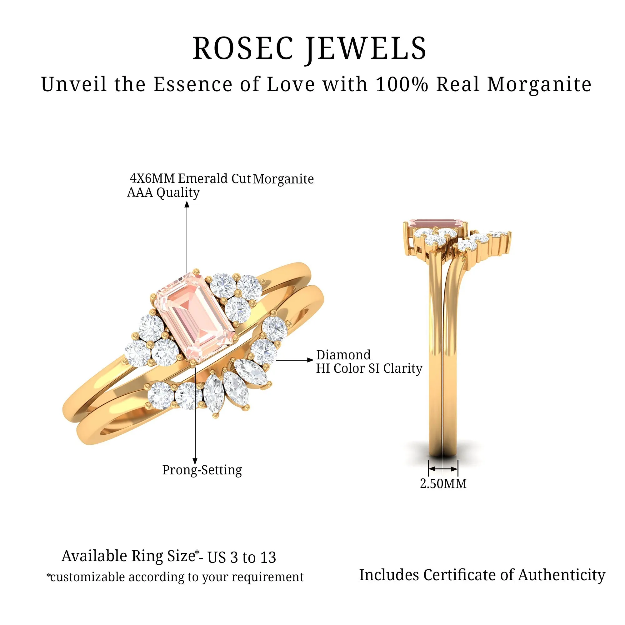 Emerald Cut Morganite Solitaire Stackable Ring Set with Diamond