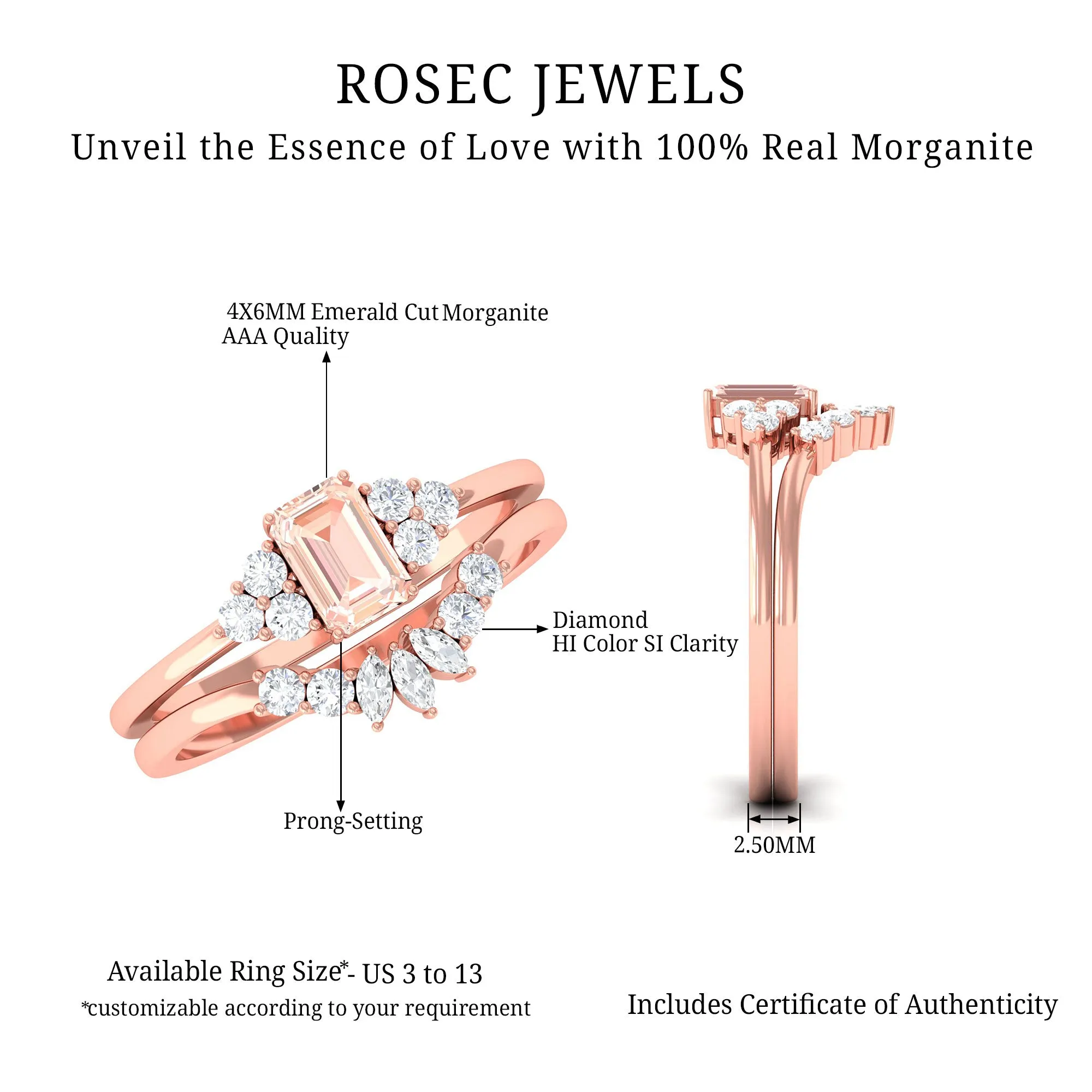 Emerald Cut Morganite Solitaire Stackable Ring Set with Diamond