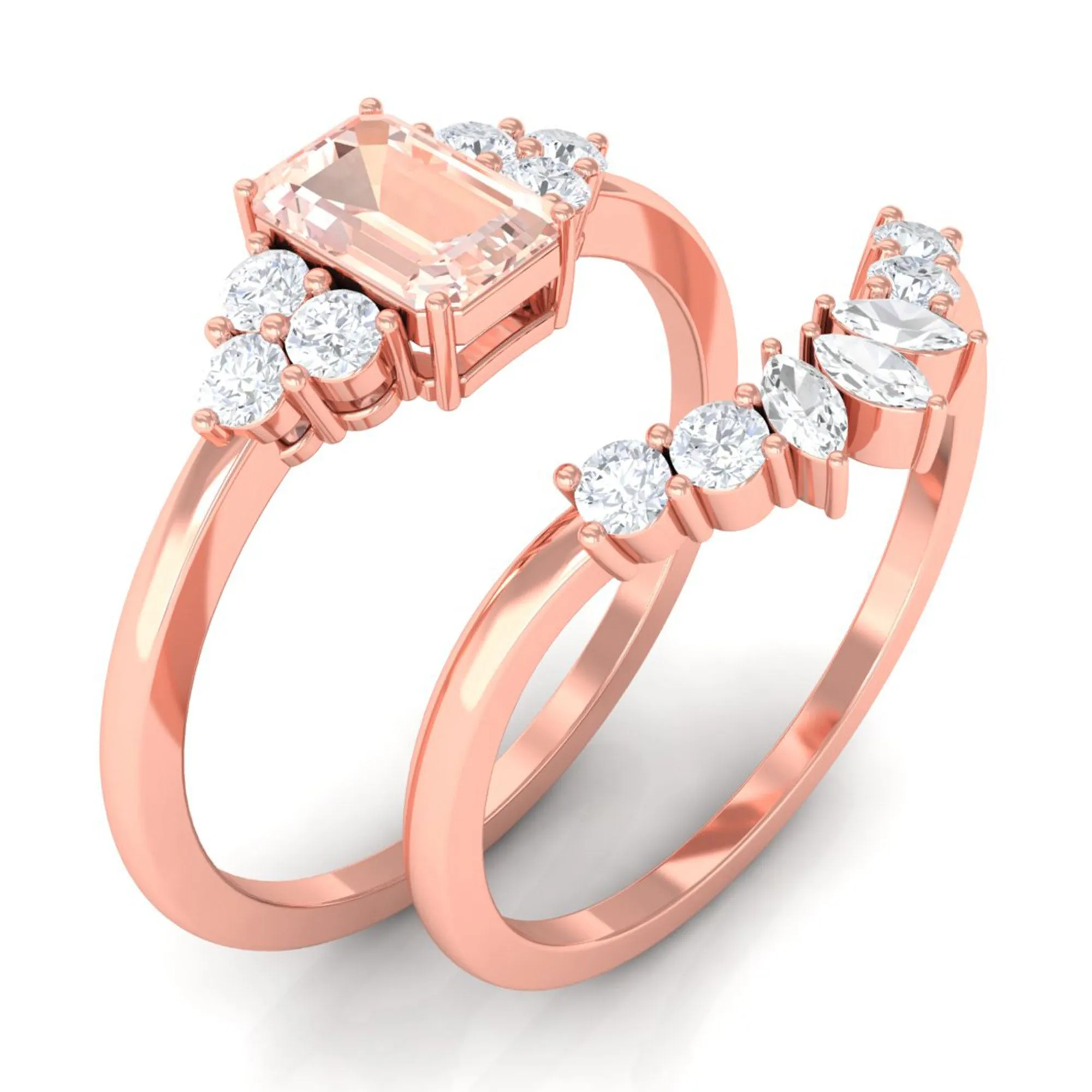 Emerald Cut Morganite Solitaire Stackable Ring Set with Diamond