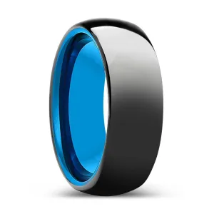 EUPHORIA | Blue Tungsten Ring, Black Tungsten Ring, Shiny, Domed