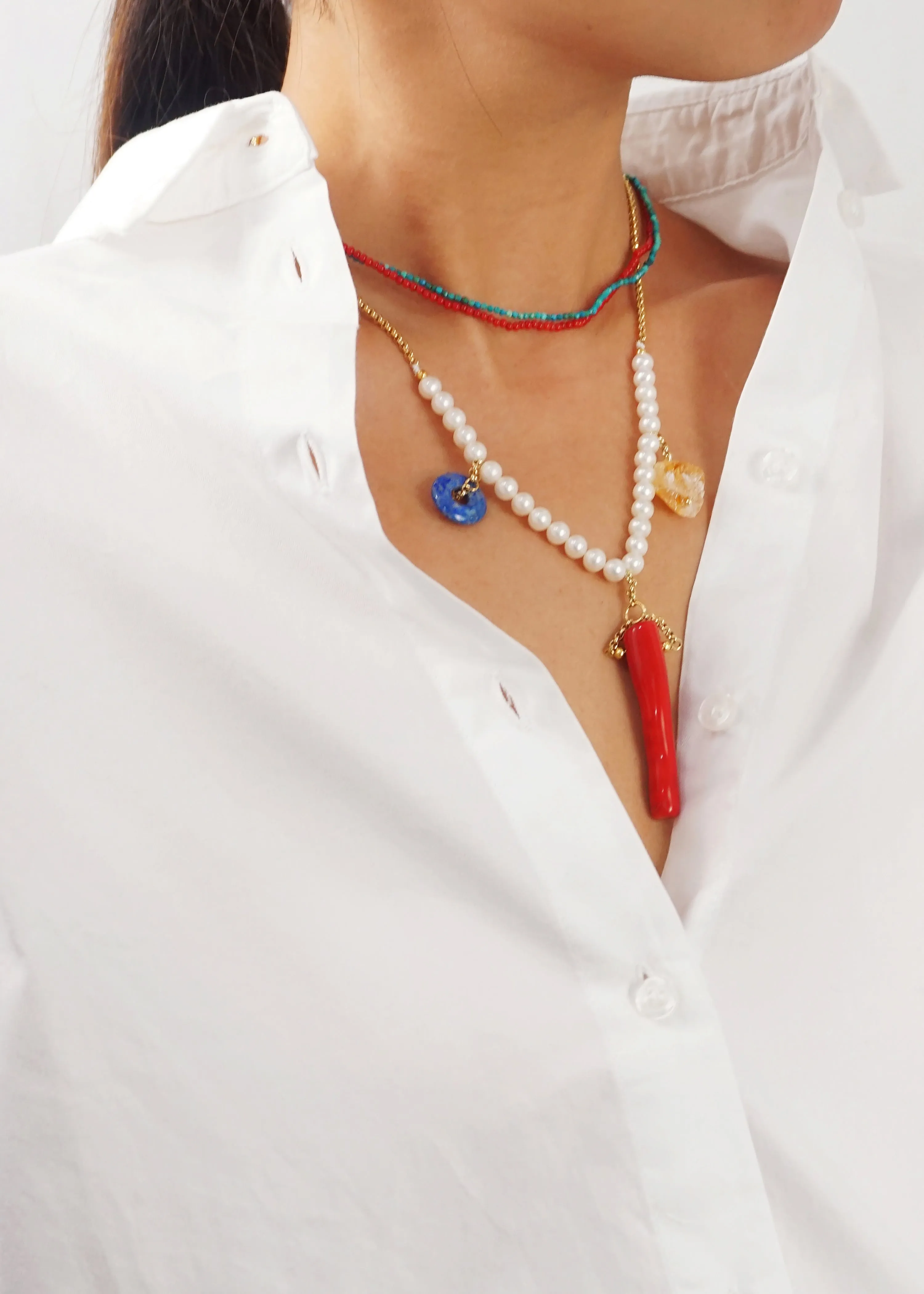 Freshwater Pearl, Citrine, Red Coral and Lapis Lazuli