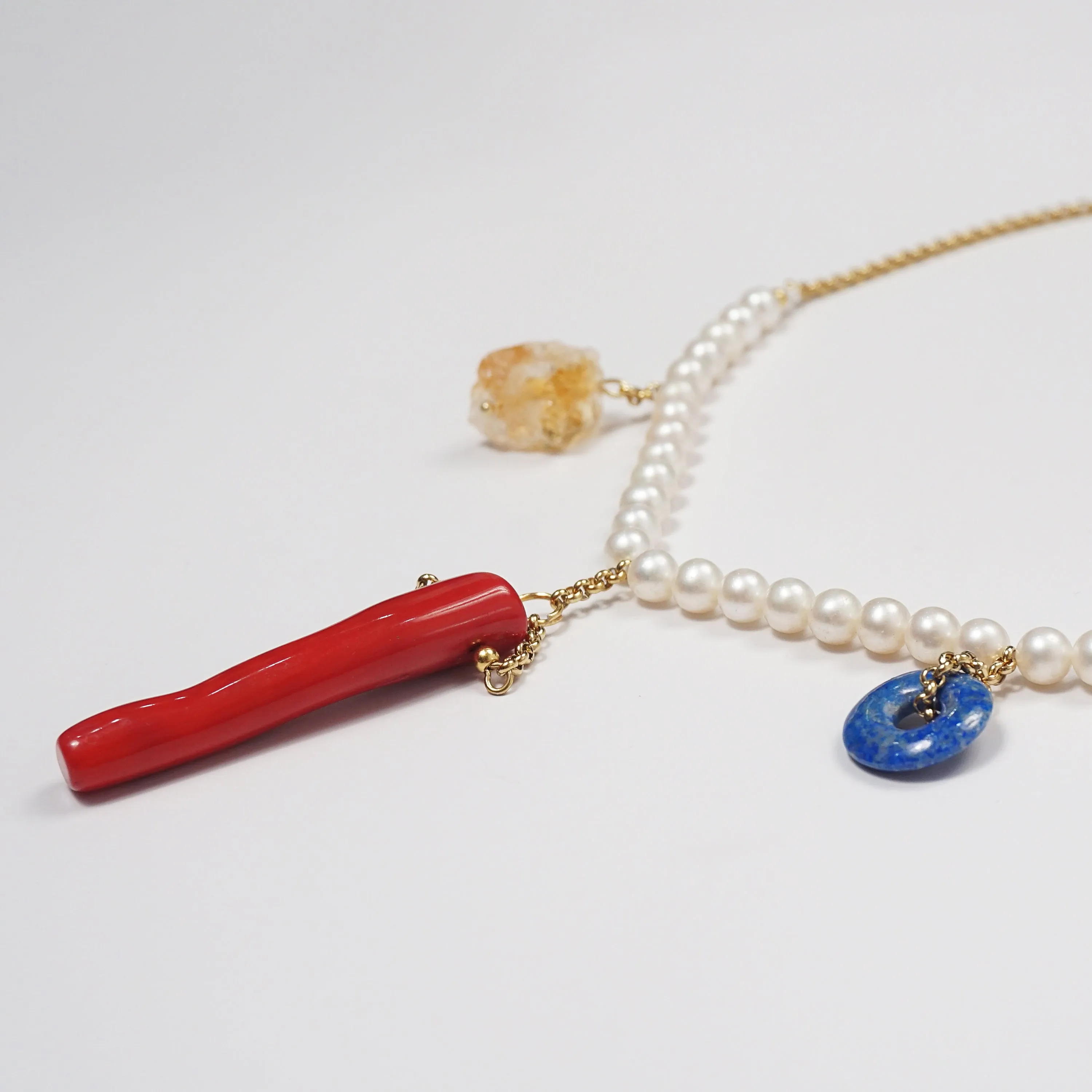 Freshwater Pearl, Citrine, Red Coral and Lapis Lazuli