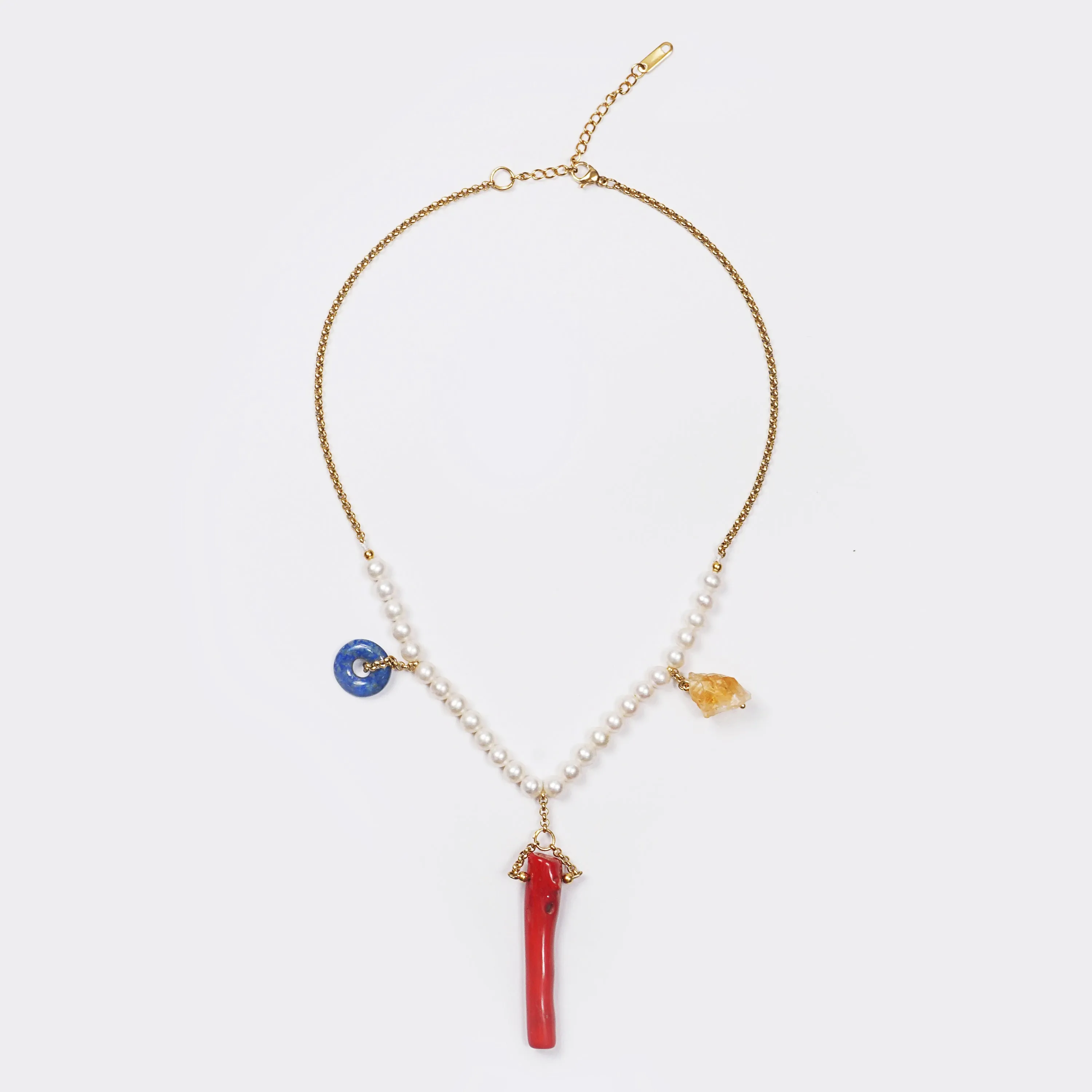 Freshwater Pearl, Citrine, Red Coral and Lapis Lazuli