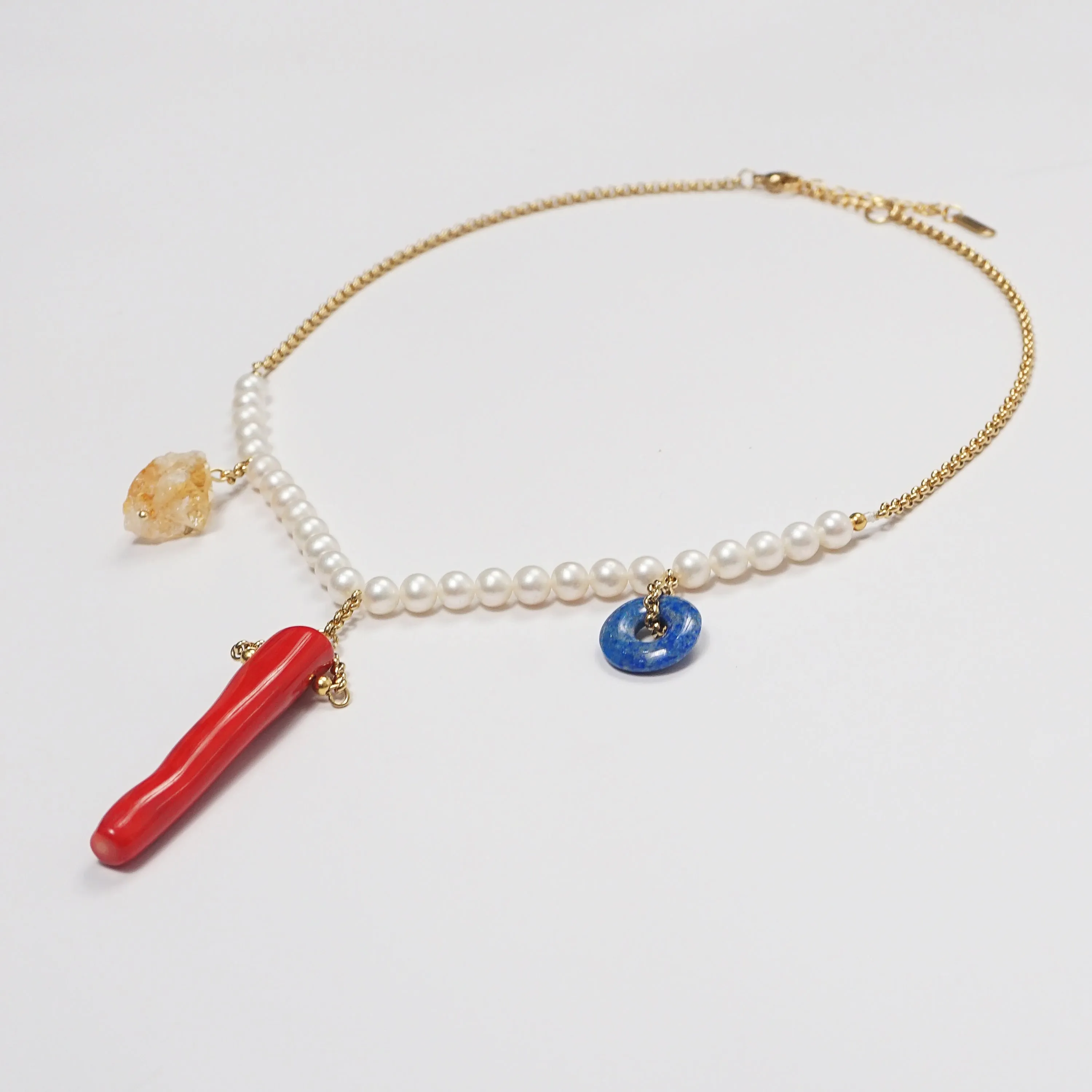 Freshwater Pearl, Citrine, Red Coral and Lapis Lazuli