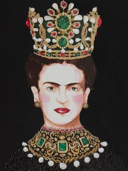 Frida with Crown and Collar on Black Background