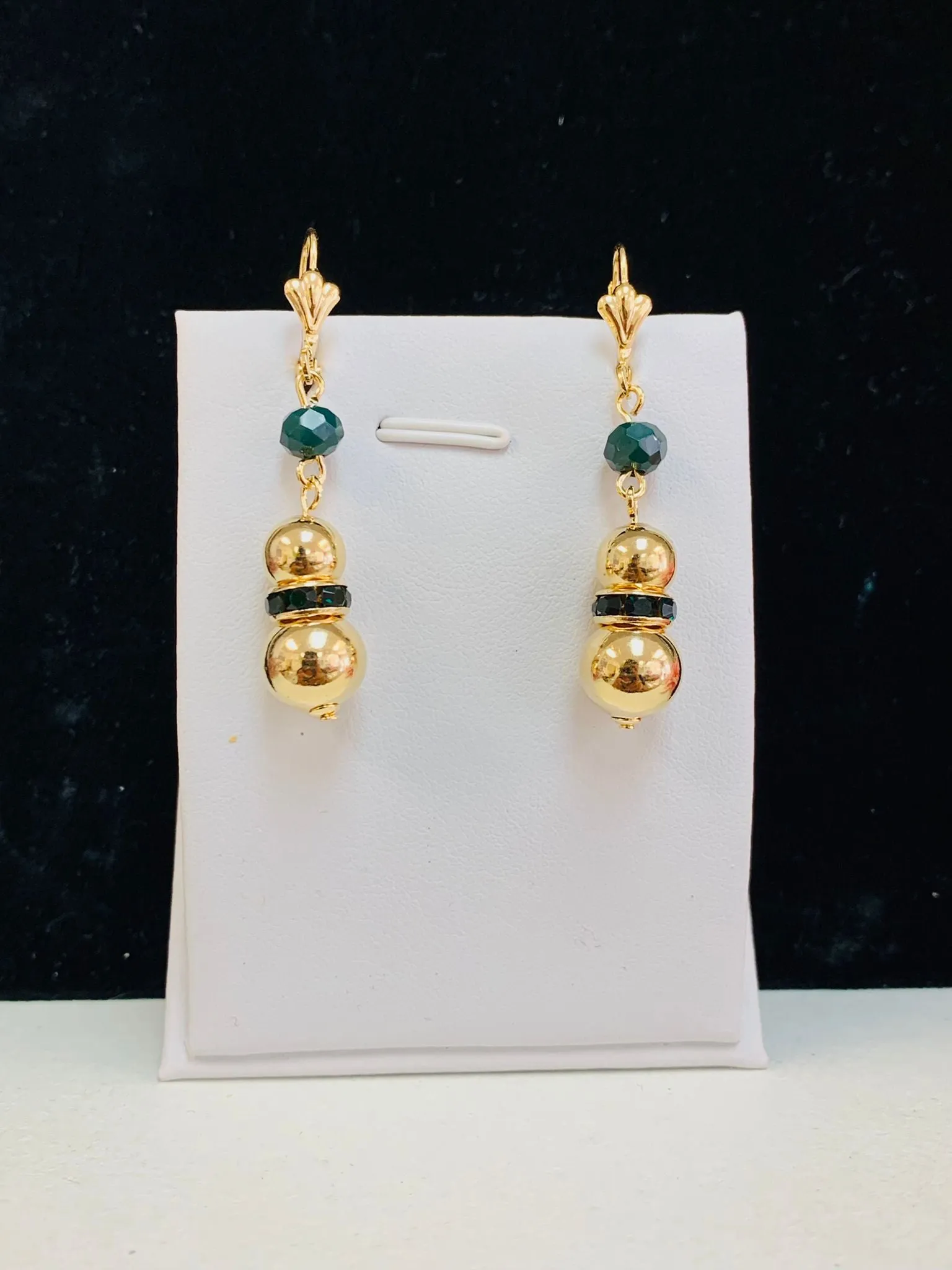 Green Gold Dangle Ball Lever Back Earrings / 14K Gold Filled Earrings for Womens Lever Back/ Womens Ball Dangle Earrings / Aretes Colgantes de Piedras Verde