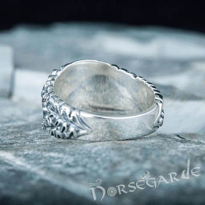 Handcrafted Vegvisir Rune Oak Leaves Ring - Sterling Silver