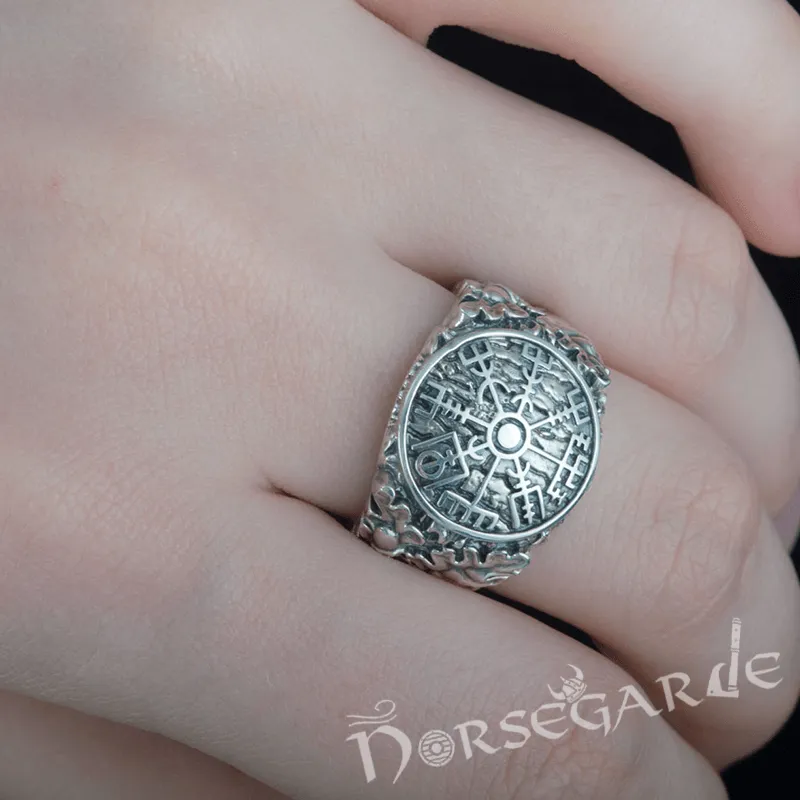 Handcrafted Vegvisir Rune Oak Leaves Ring - Sterling Silver