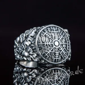 Handcrafted Vegvisir Rune Oak Leaves Ring - Sterling Silver