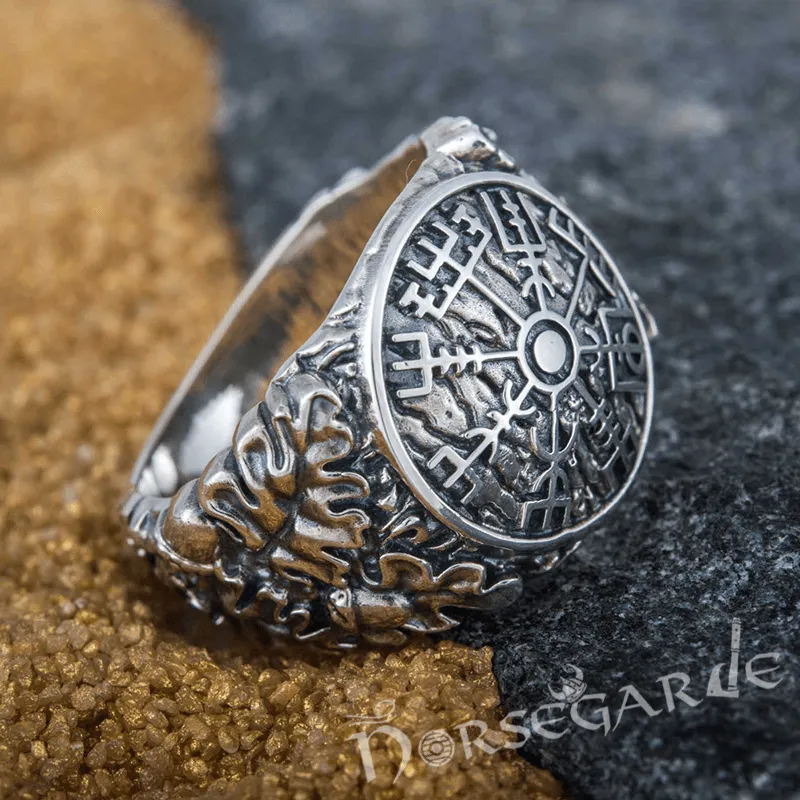 Handcrafted Vegvisir Rune Oak Leaves Ring - Sterling Silver