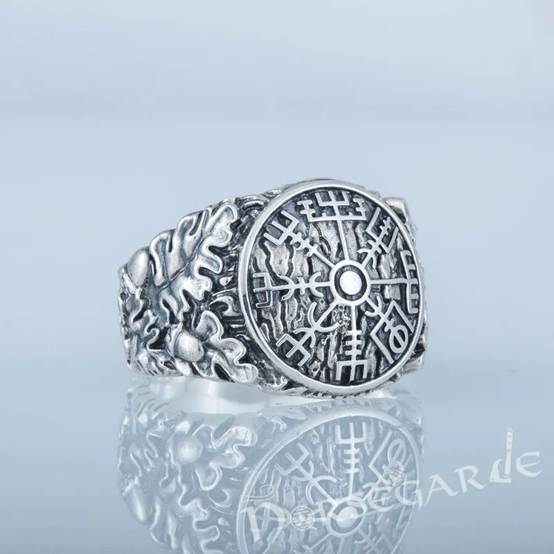 Handcrafted Vegvisir Rune Oak Leaves Ring - Sterling Silver