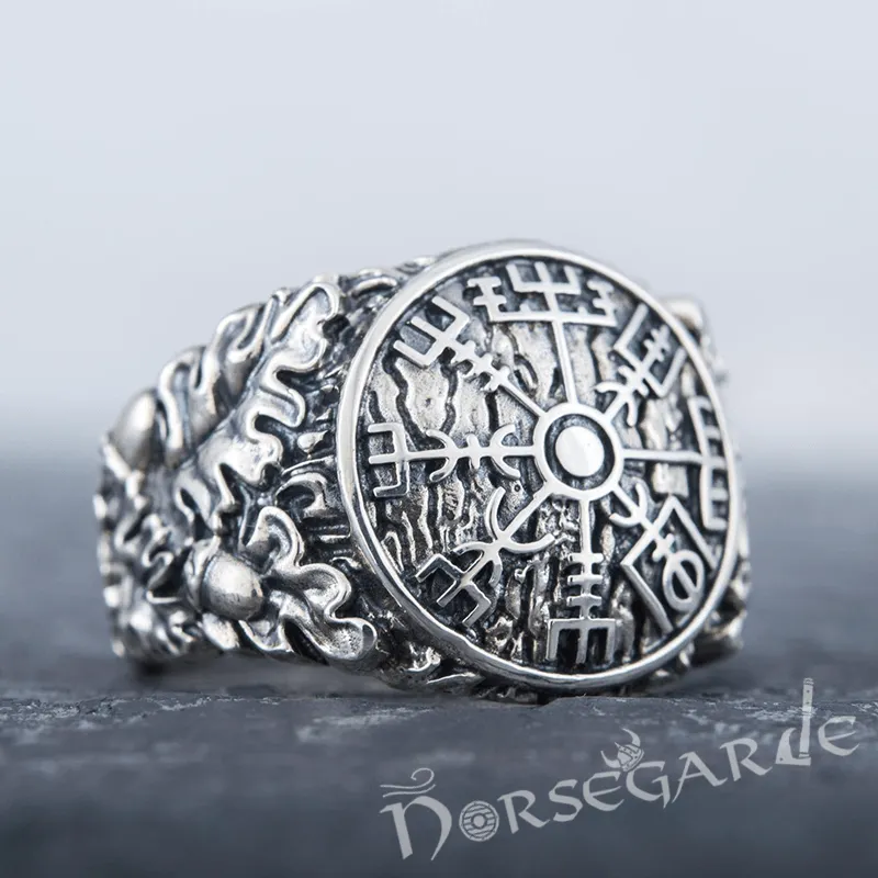 Handcrafted Vegvisir Rune Oak Leaves Ring - Sterling Silver