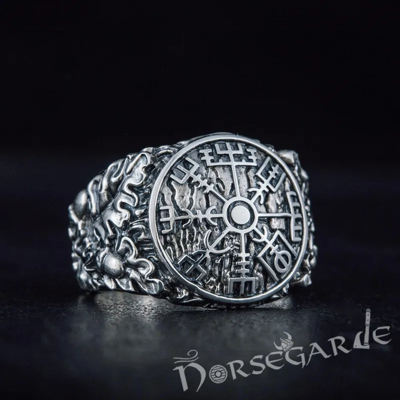 Handcrafted Vegvisir Rune Oak Leaves Ring - Sterling Silver