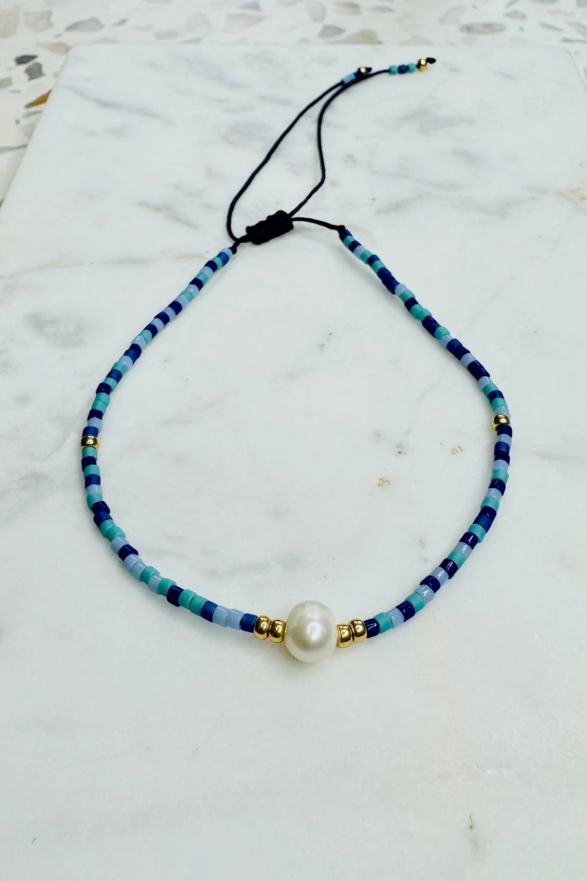 Handmade Glass/Freshwater Pearl Bracelet - Navy/Blue