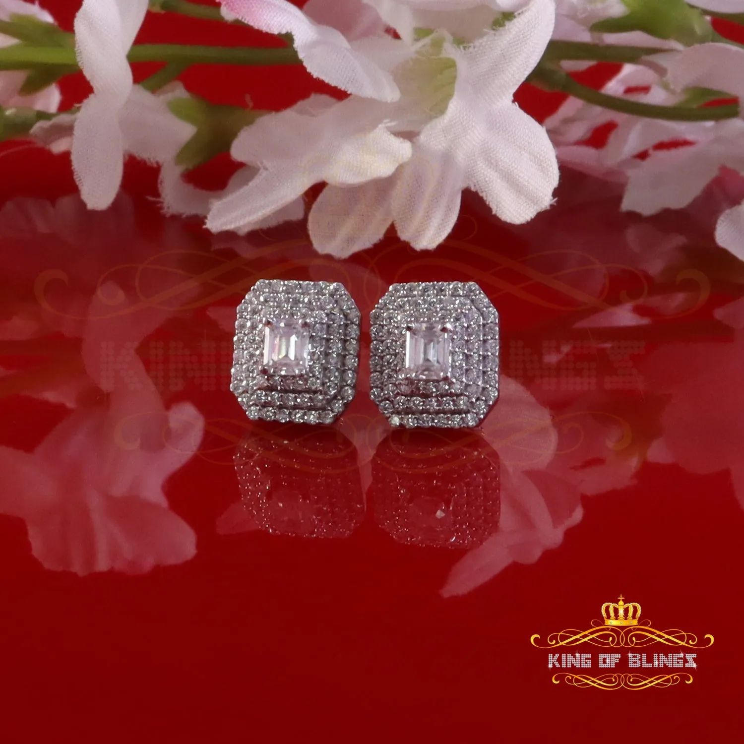 King of Bling's 1.10ct VVS 'D' Moissanite Men's/Womens 925 Silver White Octagonal Stud Earrings