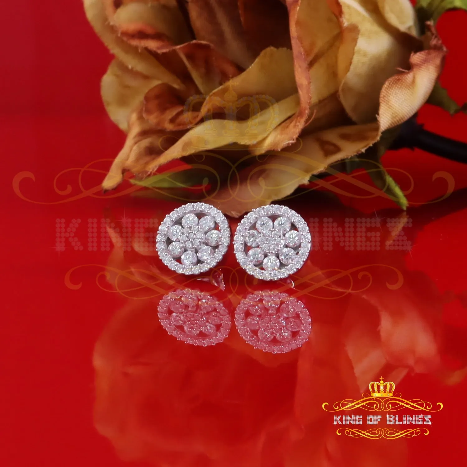 King of Bling's New Earrings 925 Silver White Big Flower Stud 1.50ct VVS D Moissanite Men/Womens