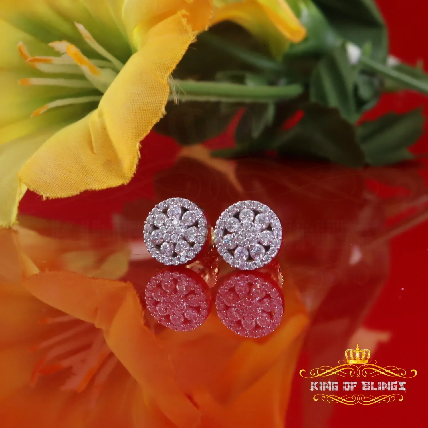 King  of Bling's New Yellow Floral 0.66ct VVS 'D' Moissanite Men/Womens 925 Silver Stud Earrings