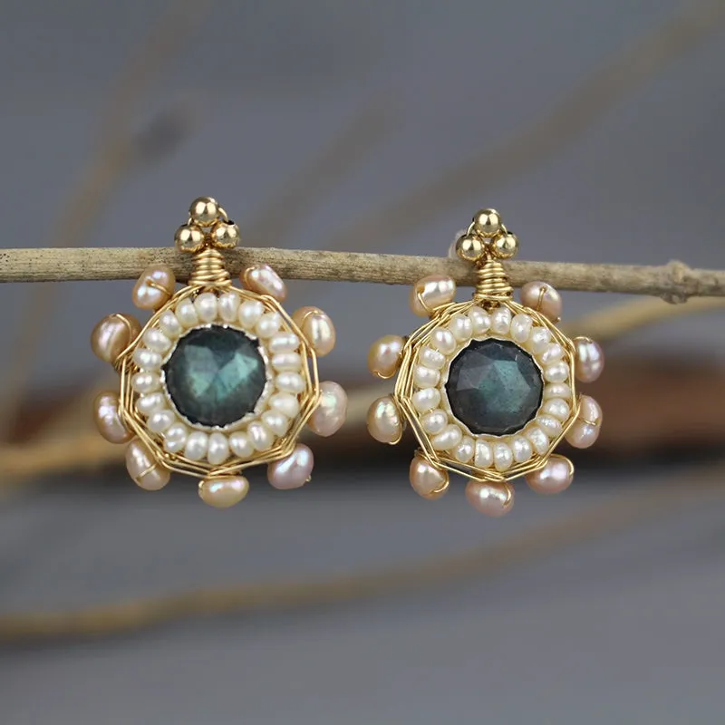 Labradorite Pearl Gold Filled Stud Earrings