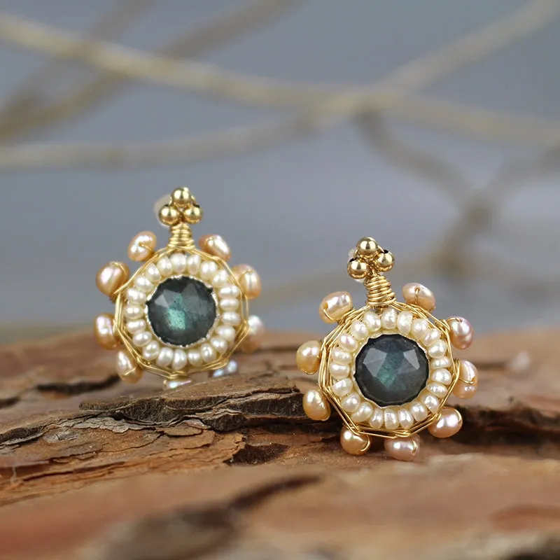 Labradorite Pearl Gold Filled Stud Earrings