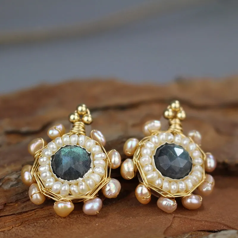 Labradorite Pearl Gold Filled Stud Earrings