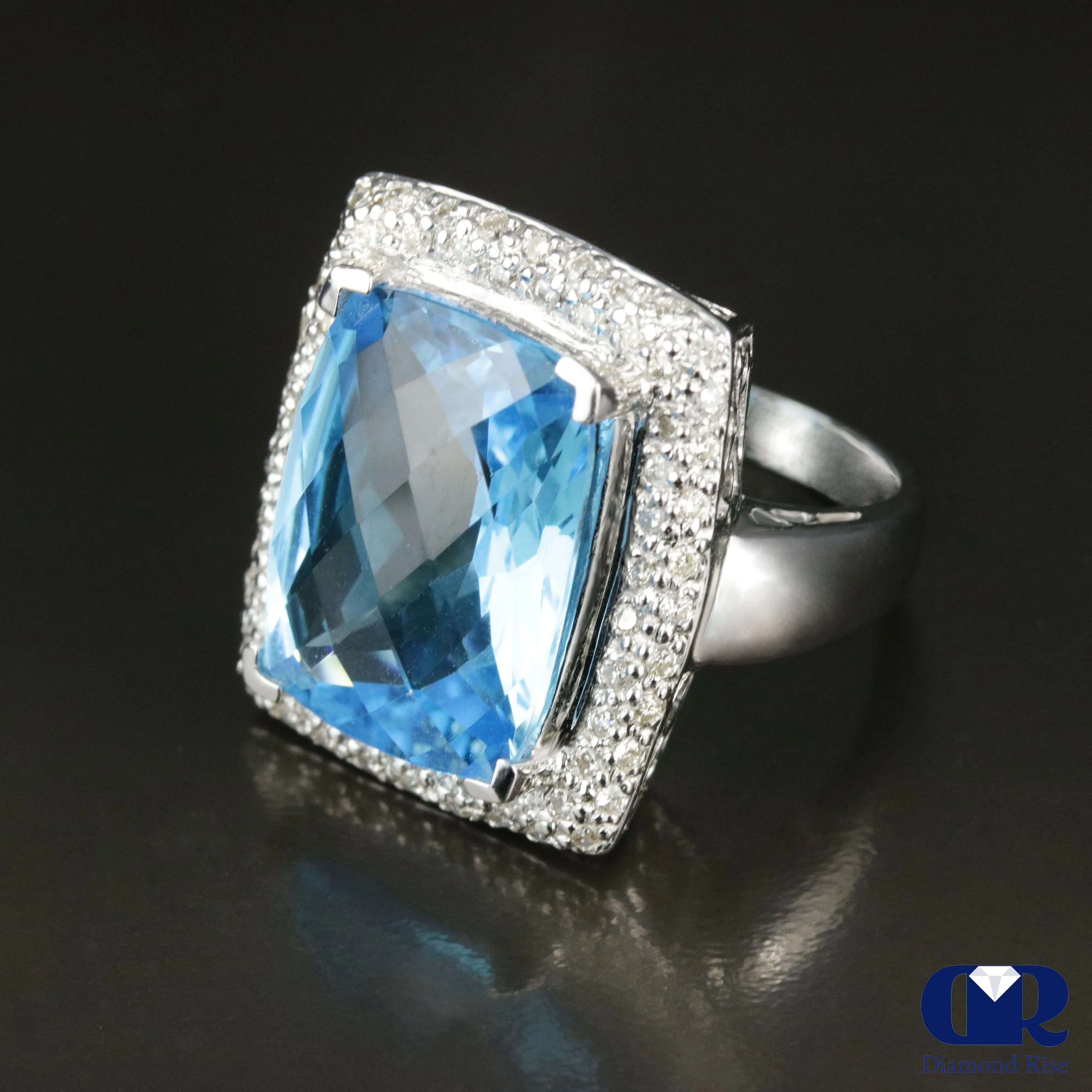 Large Cushion Cut Blue Topaz & Diamond Cocktail Ring & Right Hand Ring In 14K Gold